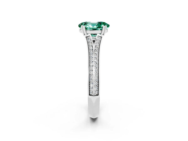 Silver Oval Cut Green Sapphire Split Shank Engagement Ring with Pavé Band