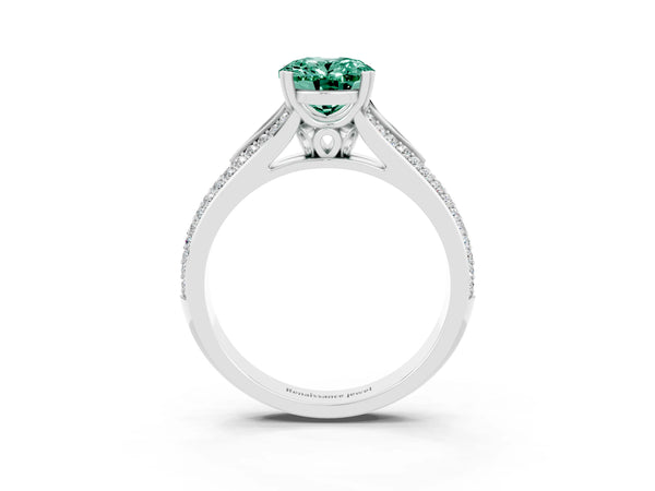 White gold Oval Cut Green Sapphire Split Shank Engagement Ring with Pavé Band