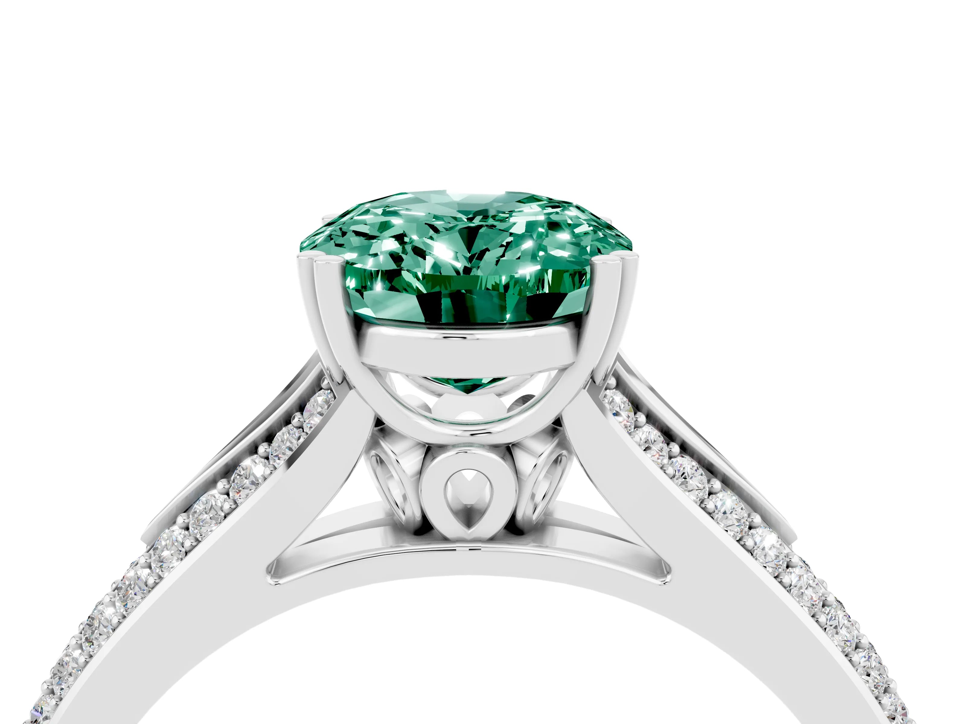 White gold Oval Cut Green Sapphire Split Shank Engagement Ring with Pavé Band_4