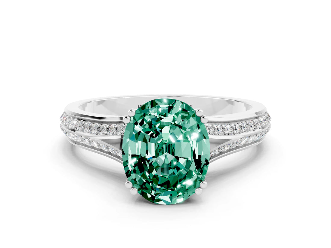 White gold Oval Cut Green Sapphire Split Shank Engagement Ring with Pavé Band