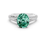 White gold Oval Cut Green Sapphire Split Shank Engagement Ring with Pavé Band