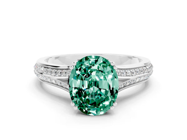 White gold Oval Cut Green Sapphire Split Shank Engagement Ring with Pavé Band