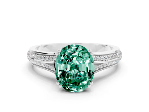 White gold Oval Cut Green Sapphire Split Shank Engagement Ring with Pavé Band