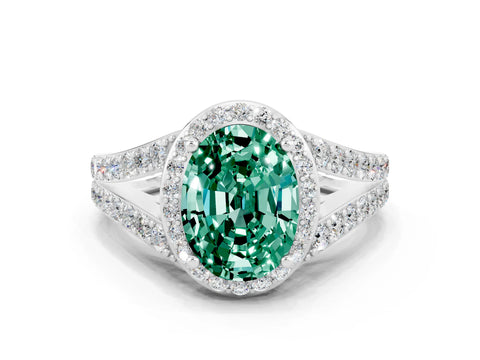 White gold Oval Cut Green Sapphire Split Shank Halo Ring with Four-Prong Setting_12