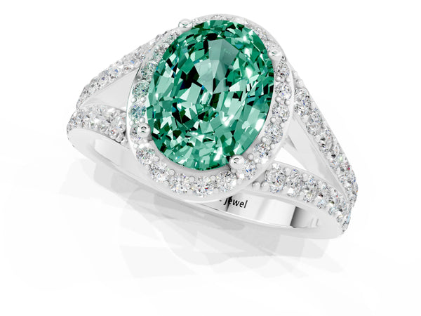 Platinum Oval Cut Green Sapphire Split Shank Halo Ring with Four-Prong Setting