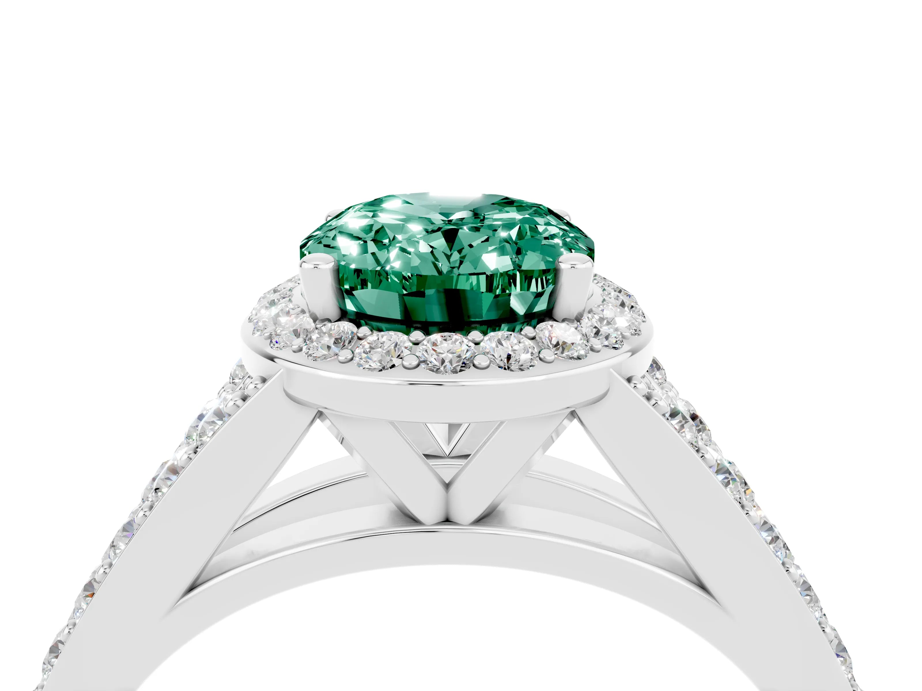 White gold Oval Cut Green Sapphire Split Shank Halo Ring with Four-Prong Setting_16