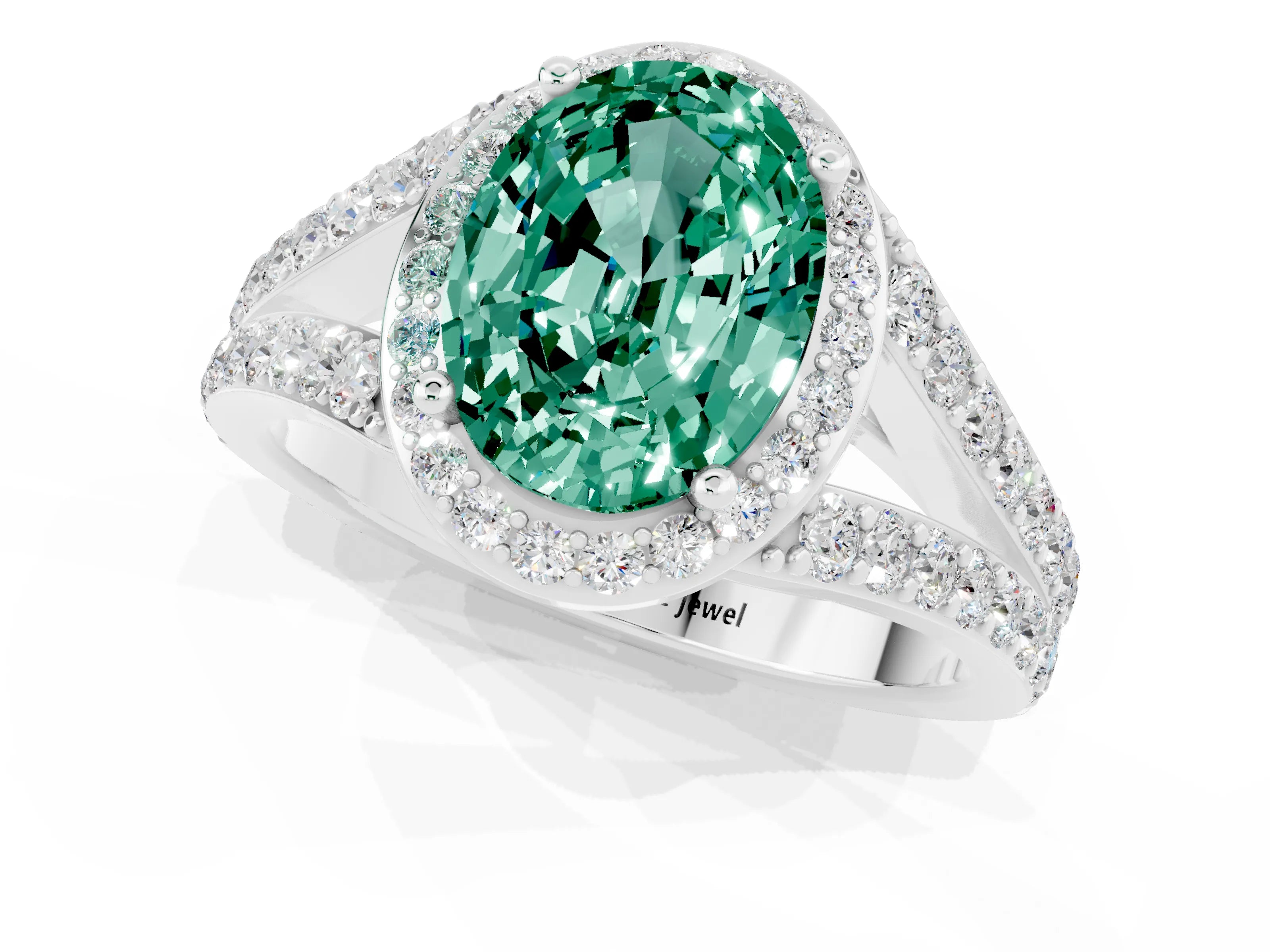 White gold Oval Cut Green Sapphire Split Shank Halo Ring with Four-Prong Setting_25