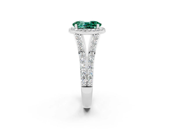 White gold Oval Cut Green Sapphire Split Shank Halo Ring with Four-Prong Setting