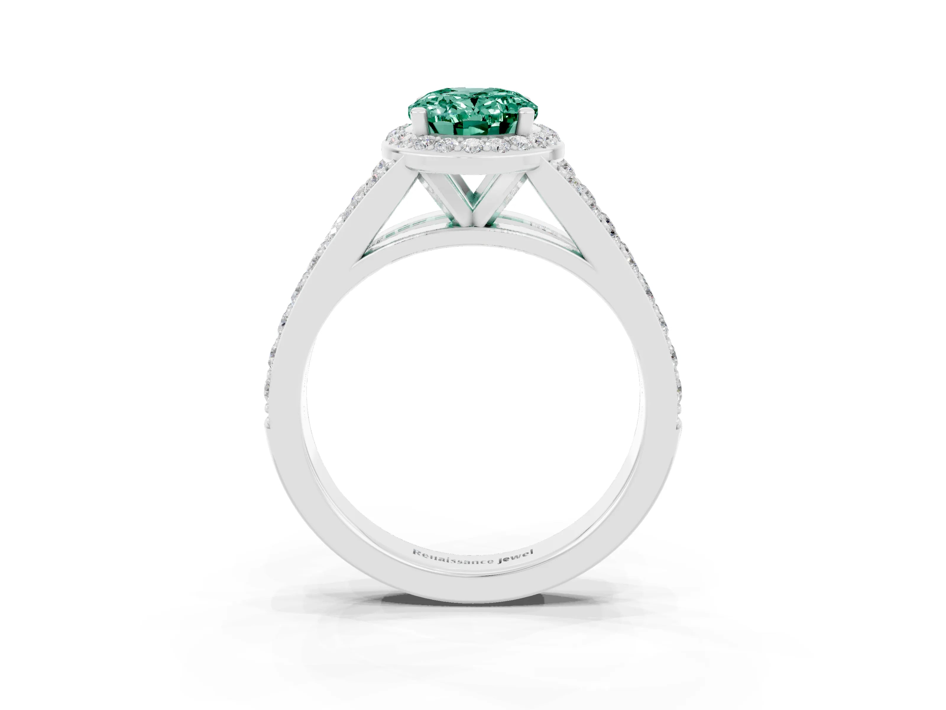 White gold Oval Cut Green Sapphire Split Shank Halo Ring with Four-Prong Setting_27