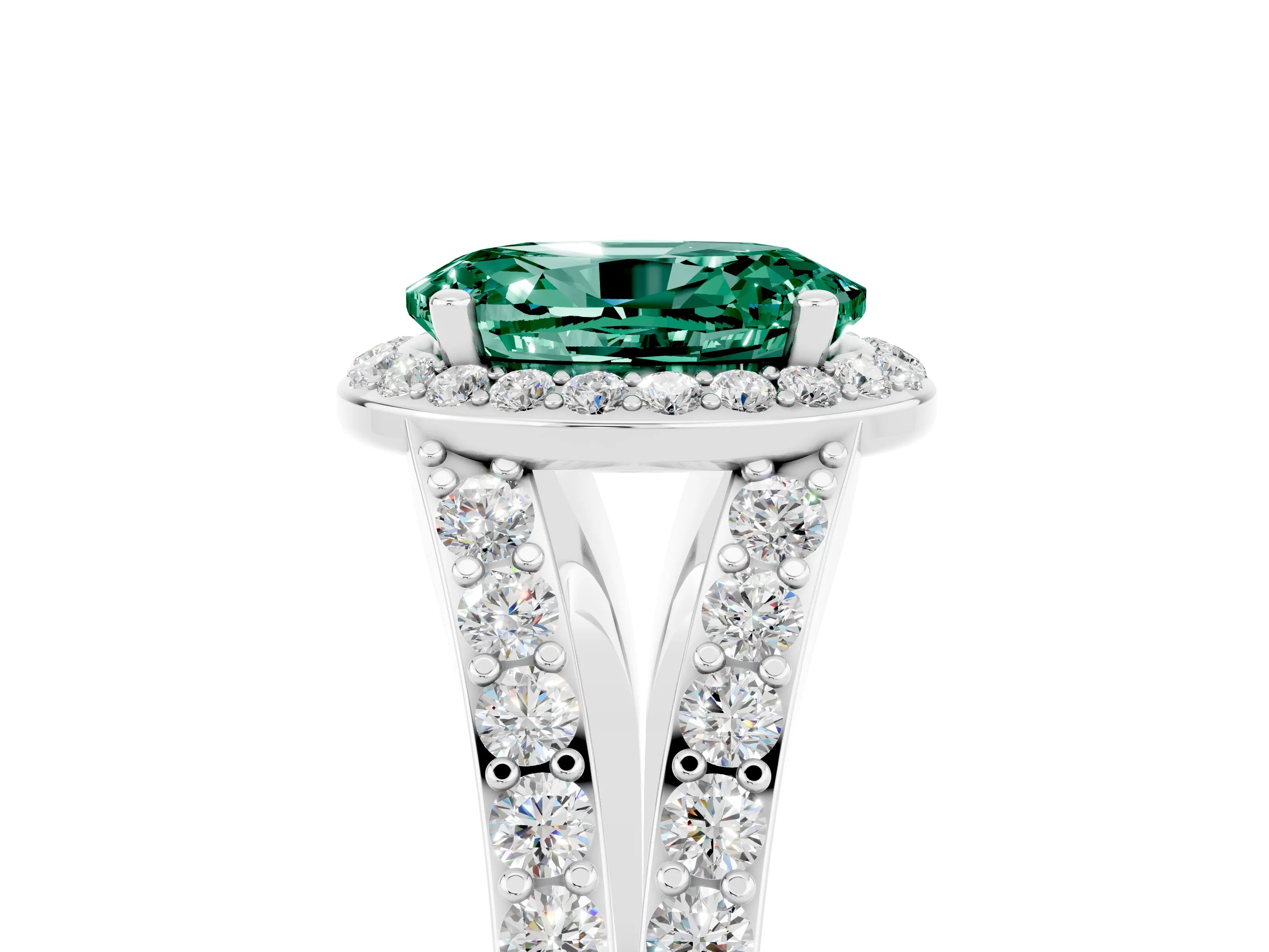 White gold Oval Cut Green Sapphire Split Shank Halo Ring with Four-Prong Setting_29