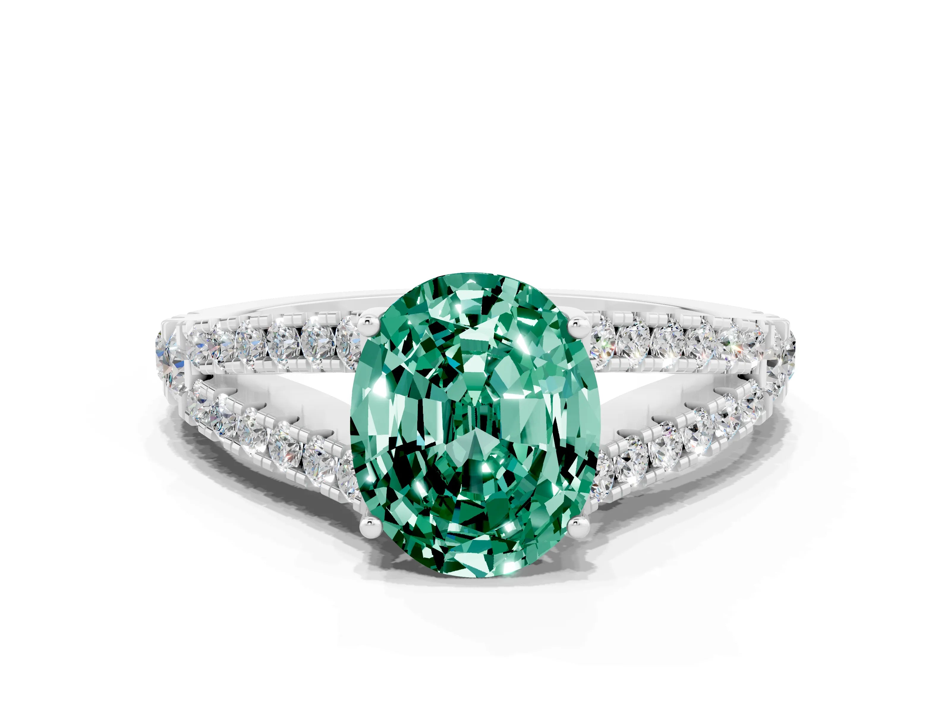 White gold Oval Cut Green Sapphire Split Shank Pavé Engagement Ring with Four-Prong Setting_12