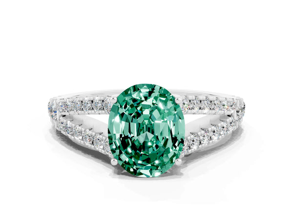 White gold Oval Cut Green Sapphire Split Shank Pavé Engagement Ring with Four-Prong Setting