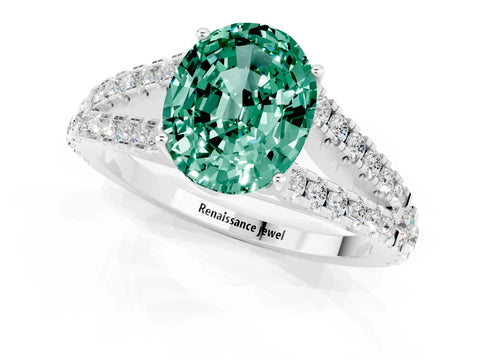 White gold Oval Cut Green Sapphire Split Shank Pavé Engagement Ring with Four-Prong Setting_13