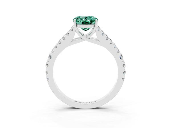 Platinum Oval Cut Green Sapphire Split Shank Pavé Engagement Ring with Four-Prong Setting
