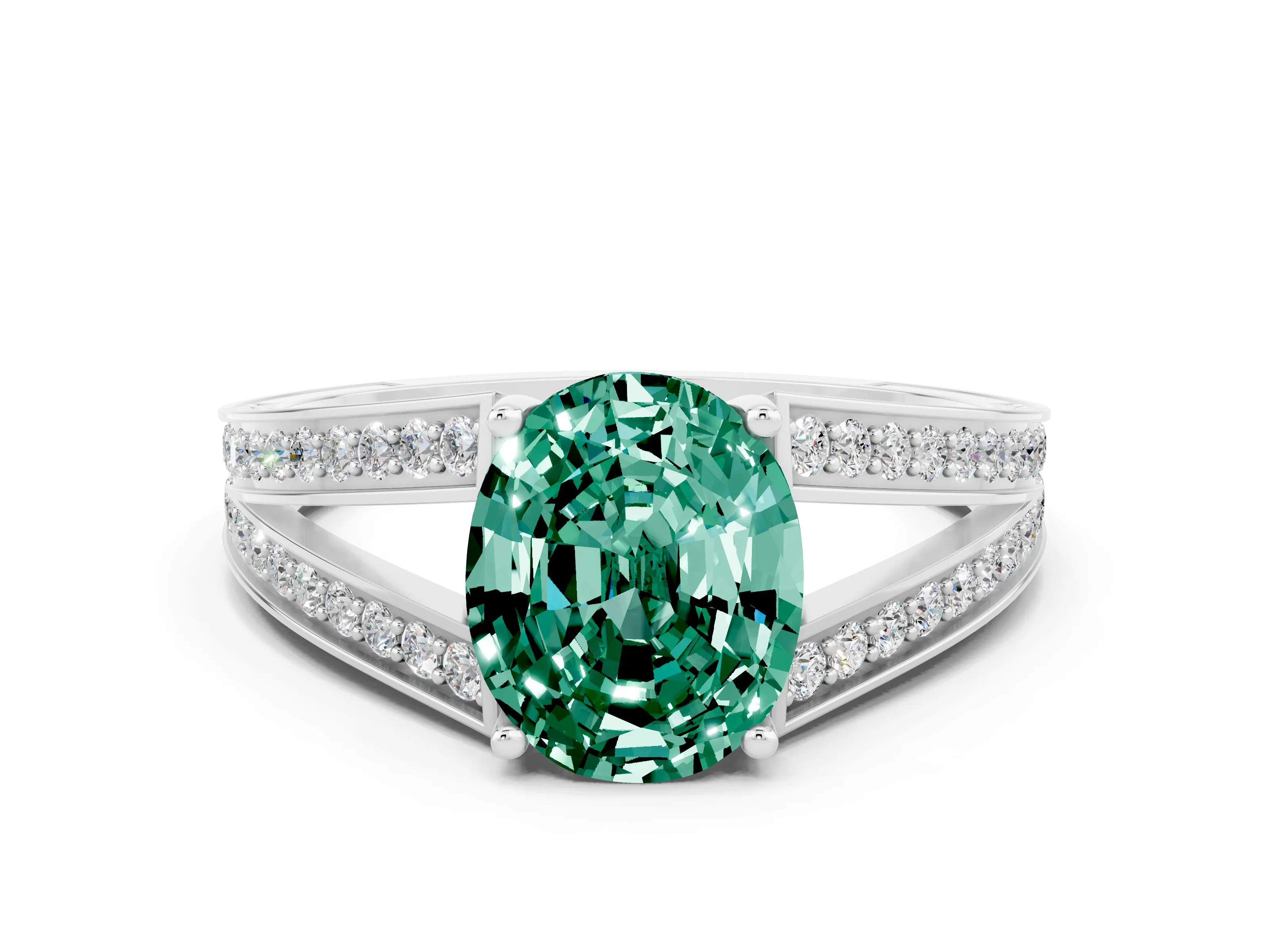 White gold Oval Cut Green Sapphire Split Shank Ring with Pavé Band and Four-Prong Setting