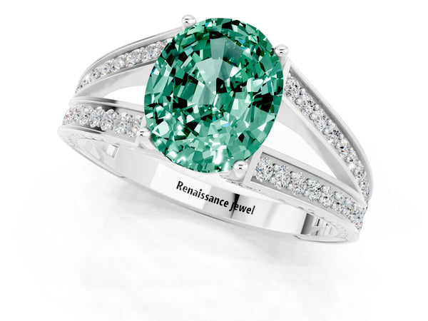 Platinum Oval Cut Green Sapphire Split Shank Ring with Pavé Band and Four-Prong Setting