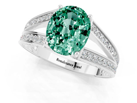White gold Oval Cut Green Sapphire Split Shank Ring with Pavé Band and Four-Prong Setting_1