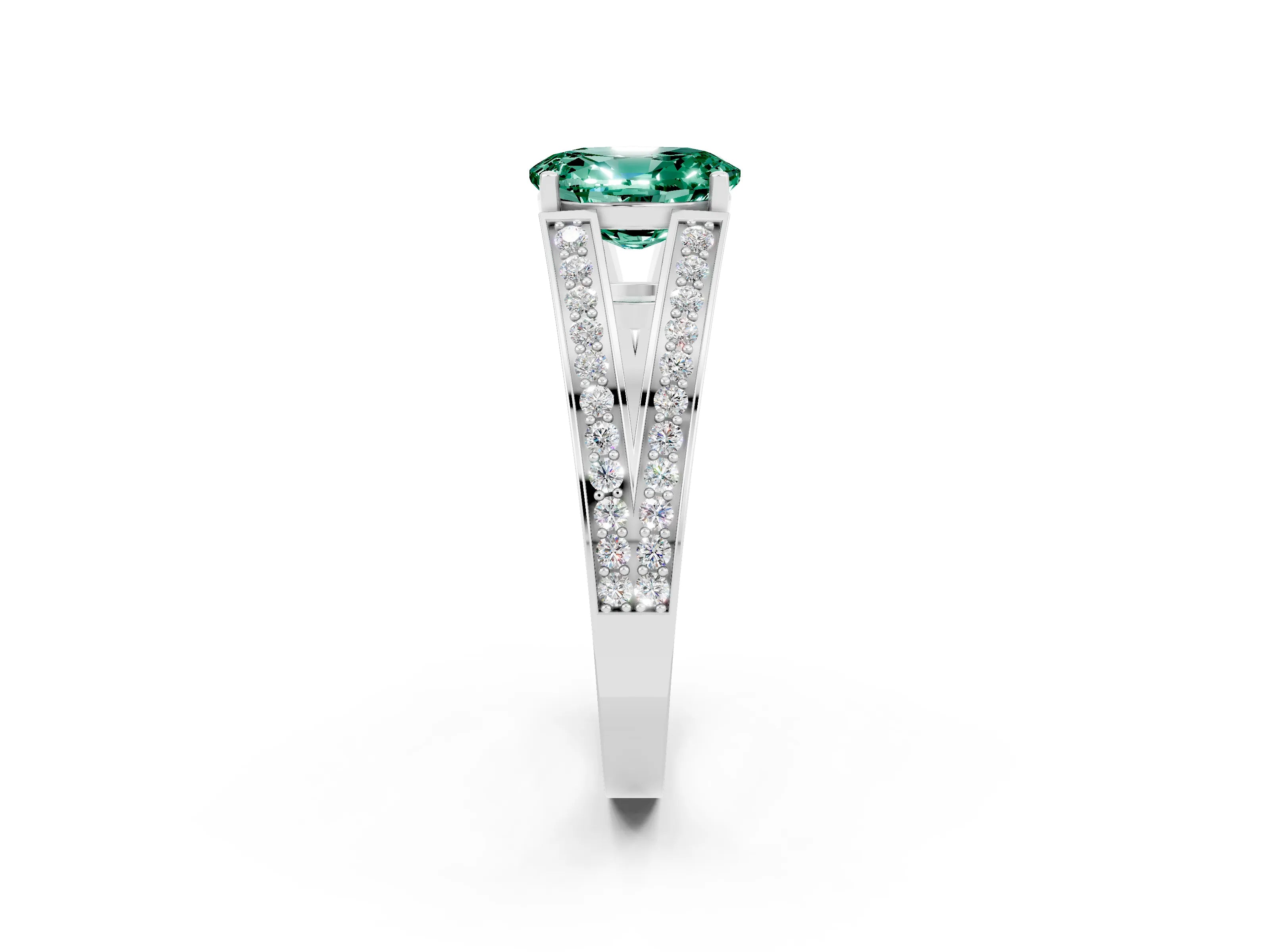 White gold Oval Cut Green Sapphire Split Shank Ring with Pavé Band and Four-Prong Setting_2