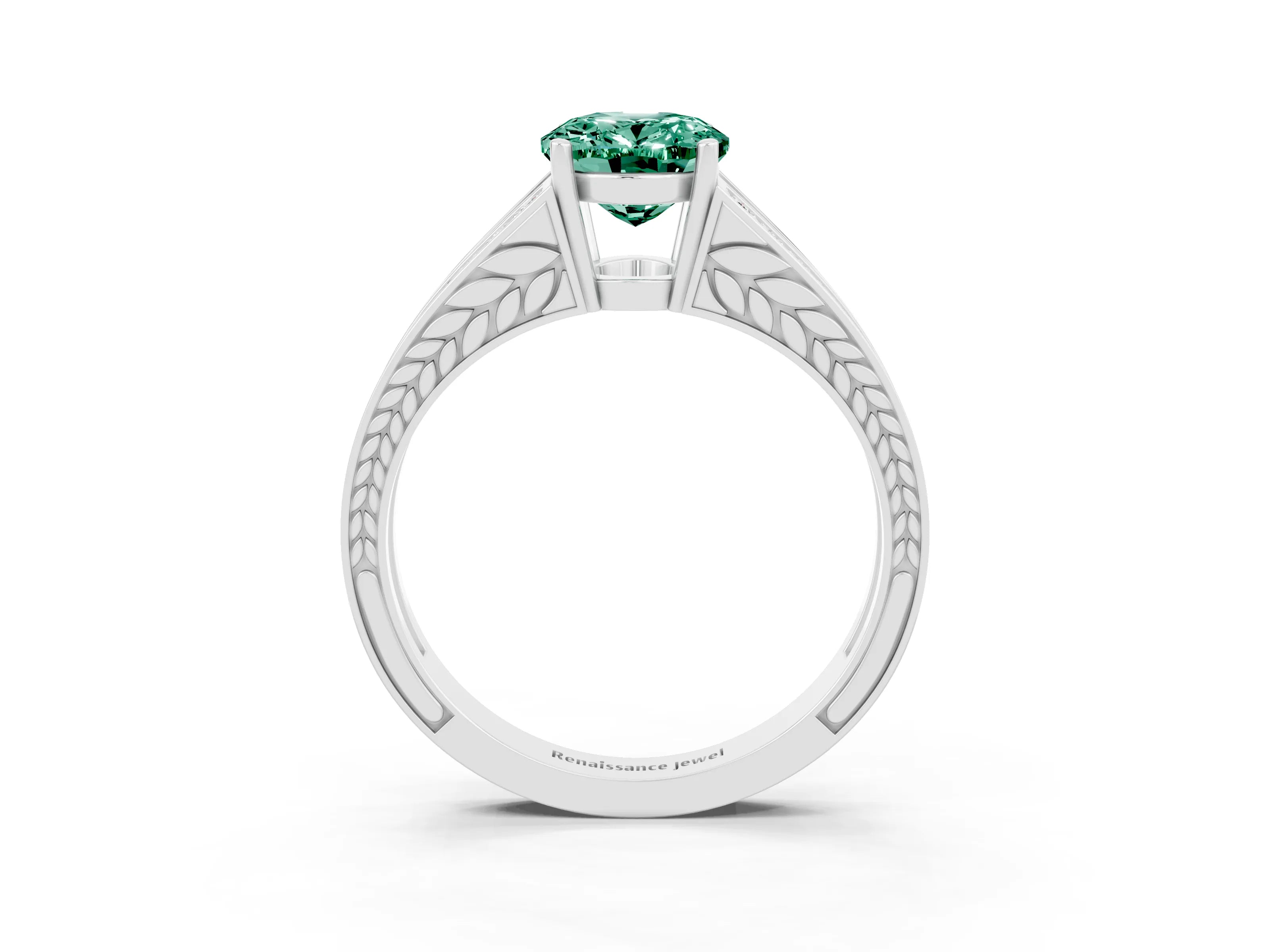 White gold Oval Cut Green Sapphire Split Shank Ring with Pavé Band and Four-Prong Setting_3