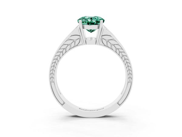 White gold Oval Cut Green Sapphire Split Shank Ring with Pavé Band and Four-Prong Setting
