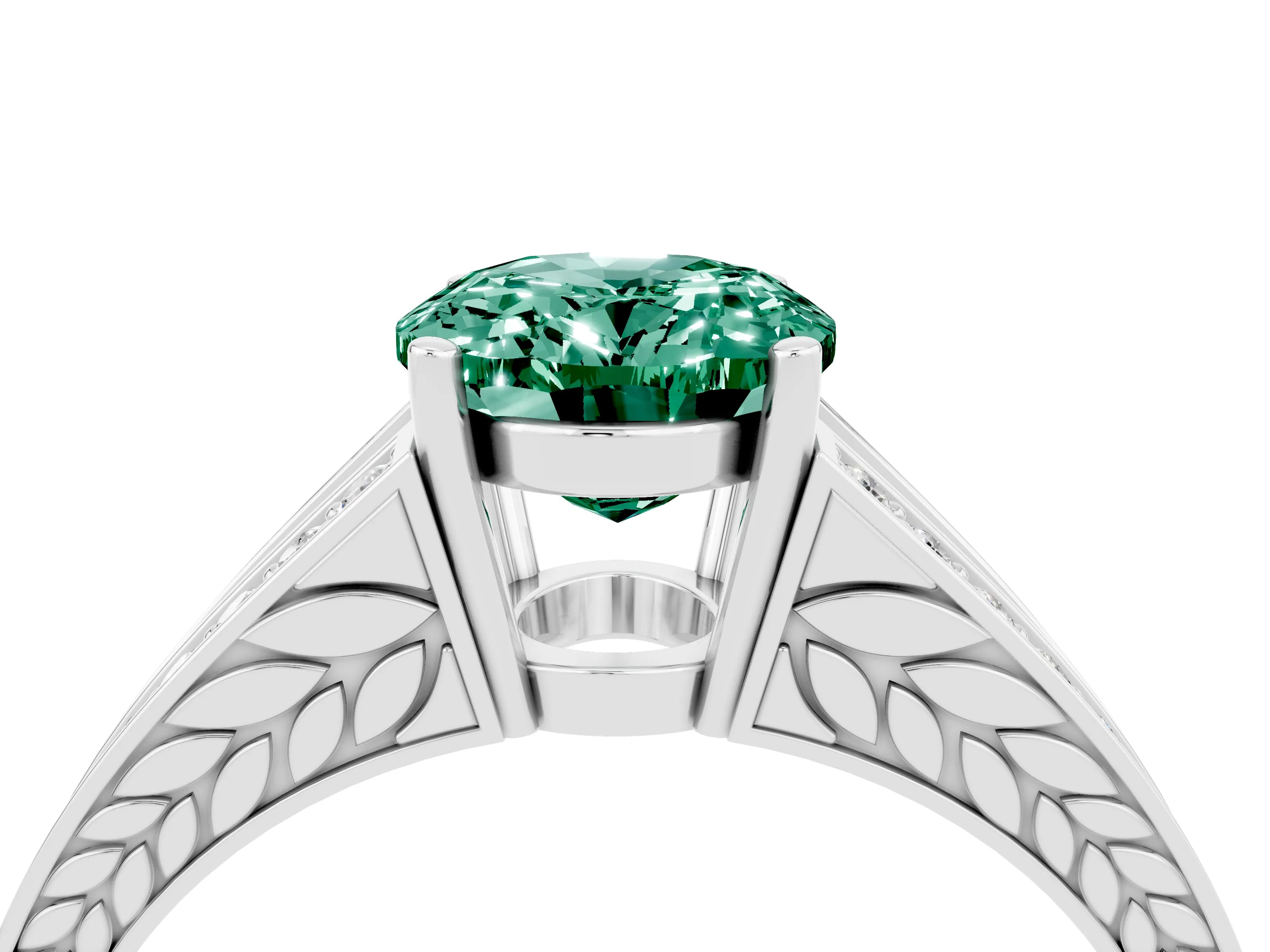 White gold Oval Cut Green Sapphire Split Shank Ring with Pavé Band and Four-Prong Setting_4