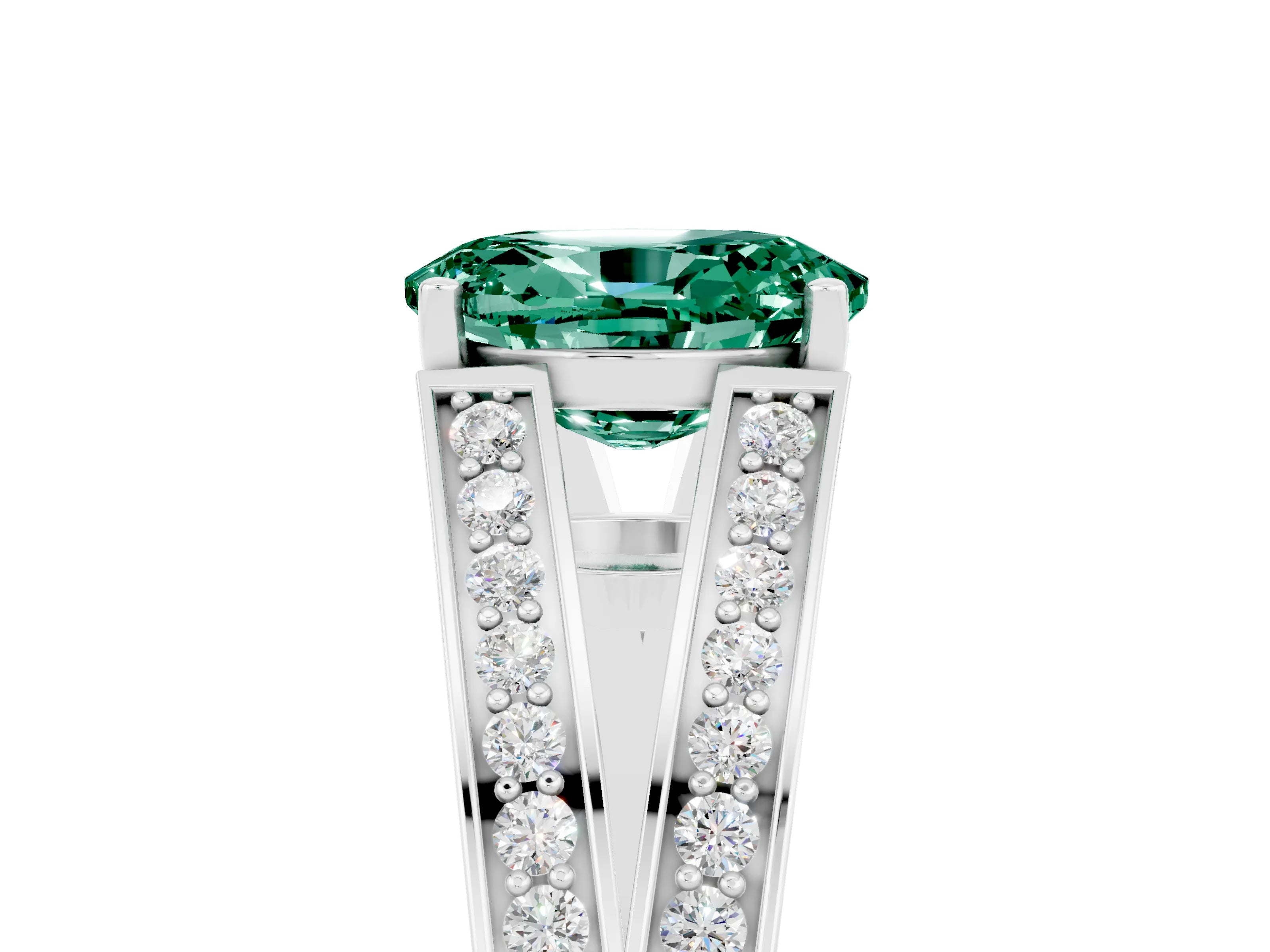 White gold Oval Cut Green Sapphire Split Shank Ring with Pavé Band and Four-Prong Setting_5