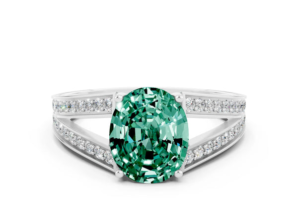 Silver Oval Cut Green Sapphire Split Shank Ring with Pavé Band and Four-Prong Setting