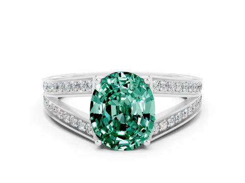 White gold Oval Cut Green Sapphire Split Shank Ring with Pavé Band and Four-Prong Setting