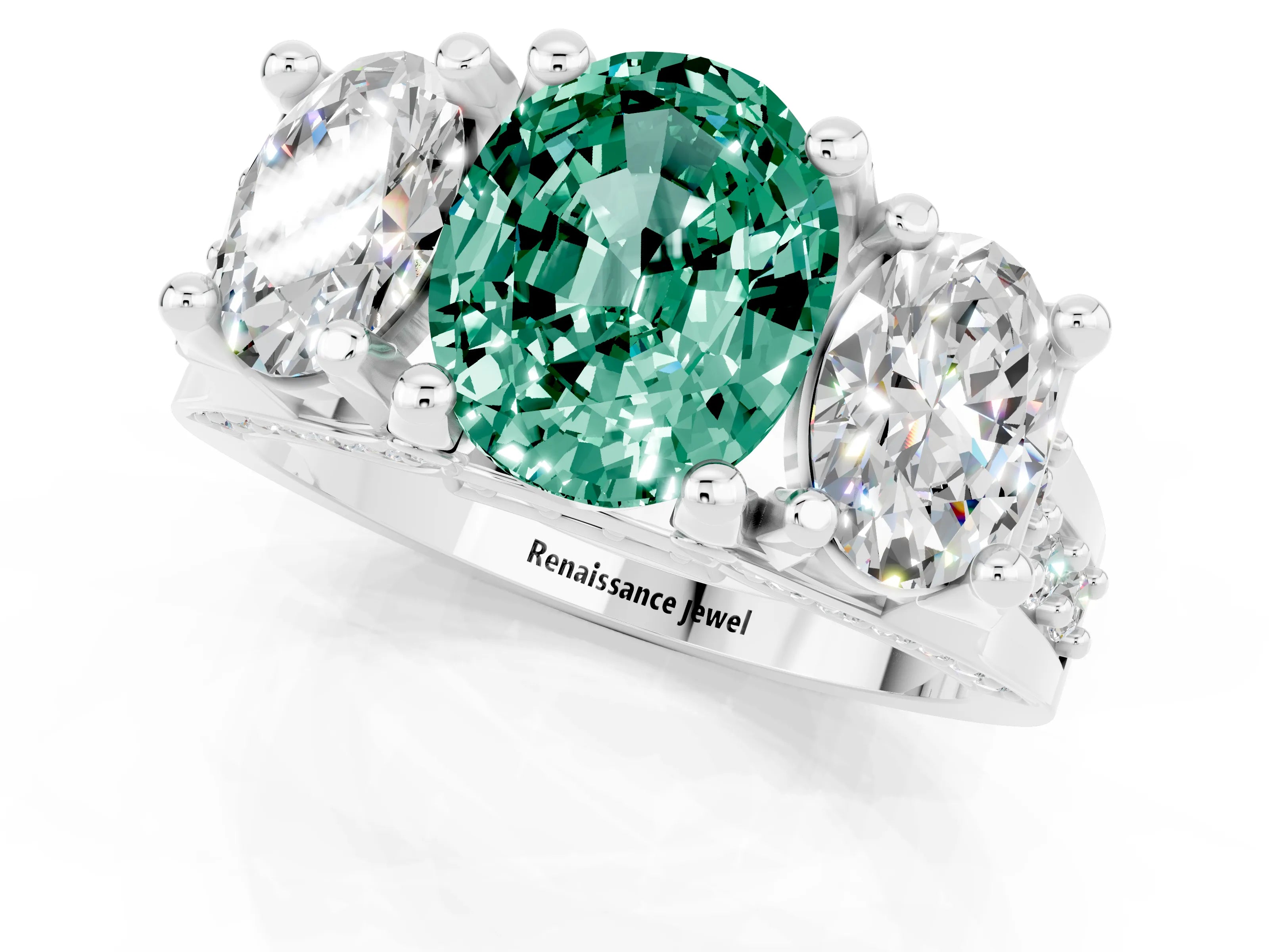 White gold Oval Cut Green Sapphire Three-Stone Ring with Channel Set Band and Four-Prong Setting_1