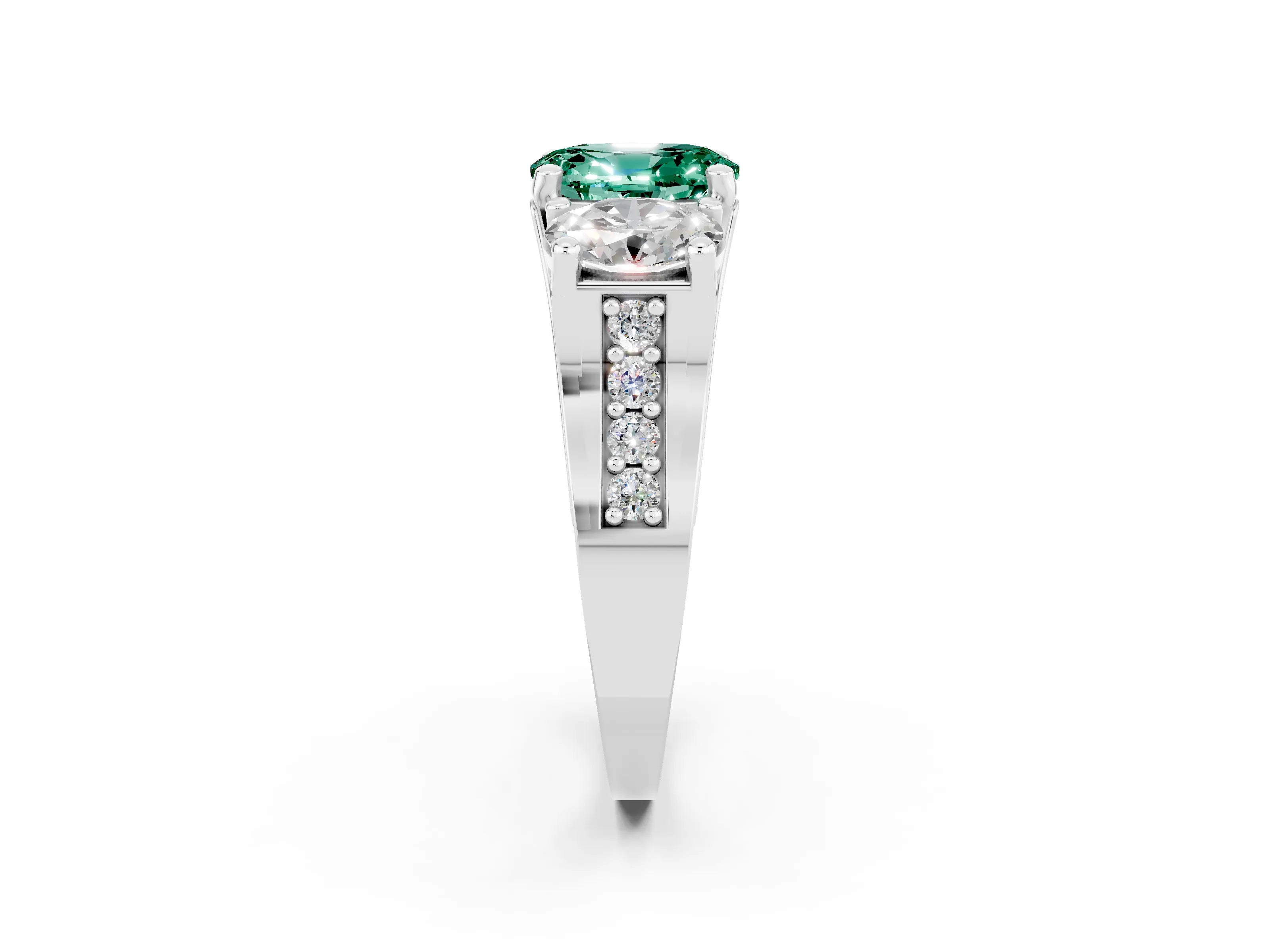 White gold Oval Cut Green Sapphire Three-Stone Ring with Channel Set Band and Four-Prong Setting_2