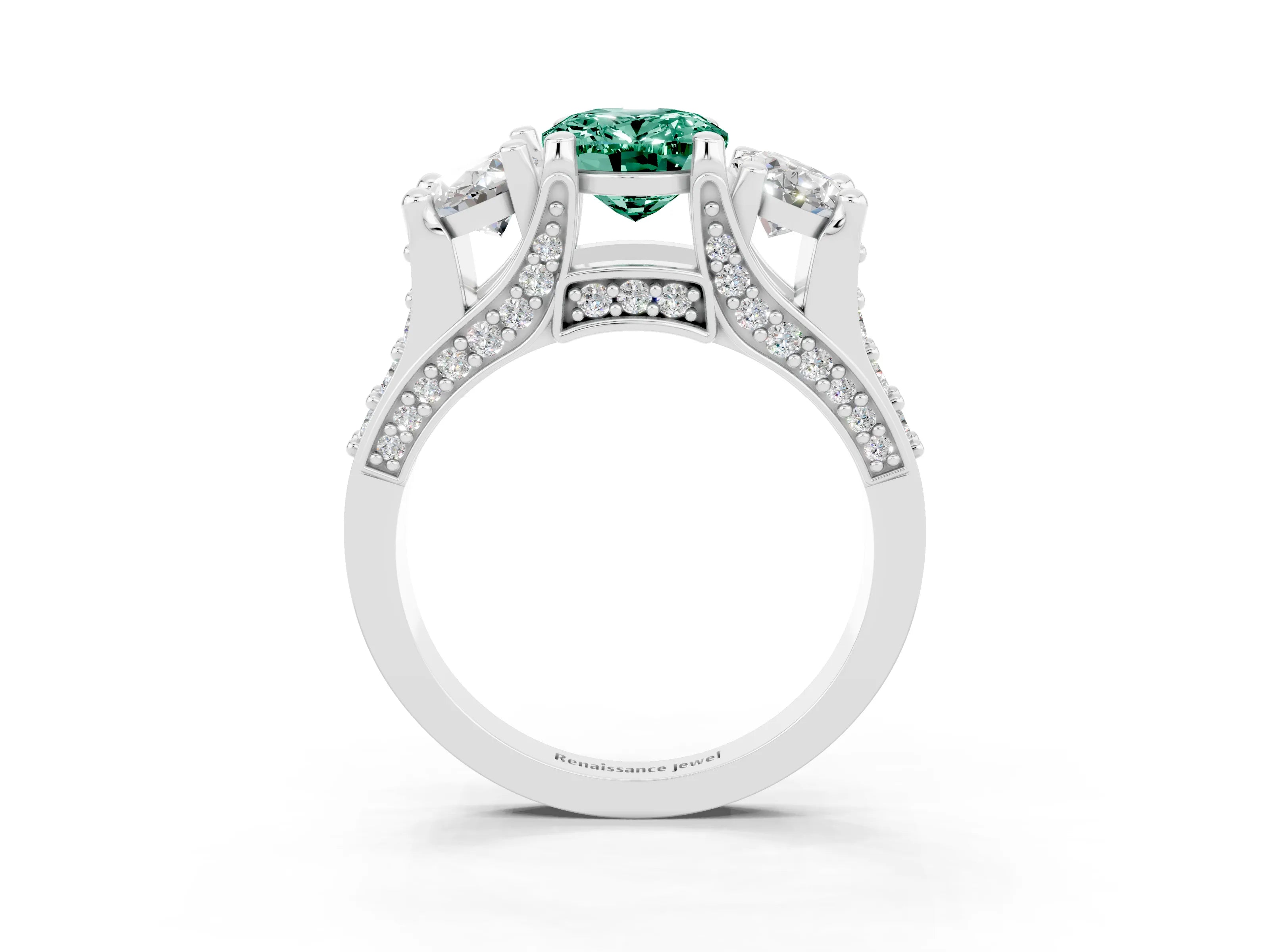 White gold Oval Cut Green Sapphire Three-Stone Ring with Channel Set Band and Four-Prong Setting_3