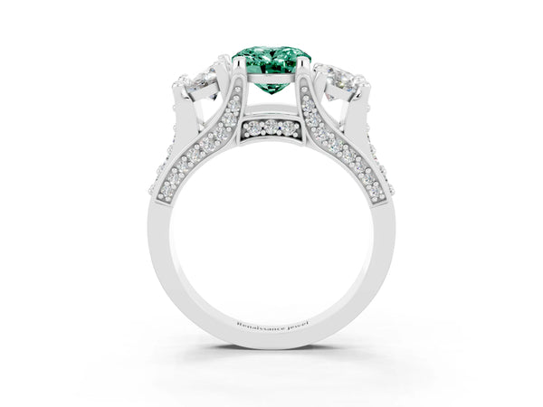 Platinum Oval Cut Green Sapphire Three-Stone Ring with Channel Set Band and Four-Prong Setting