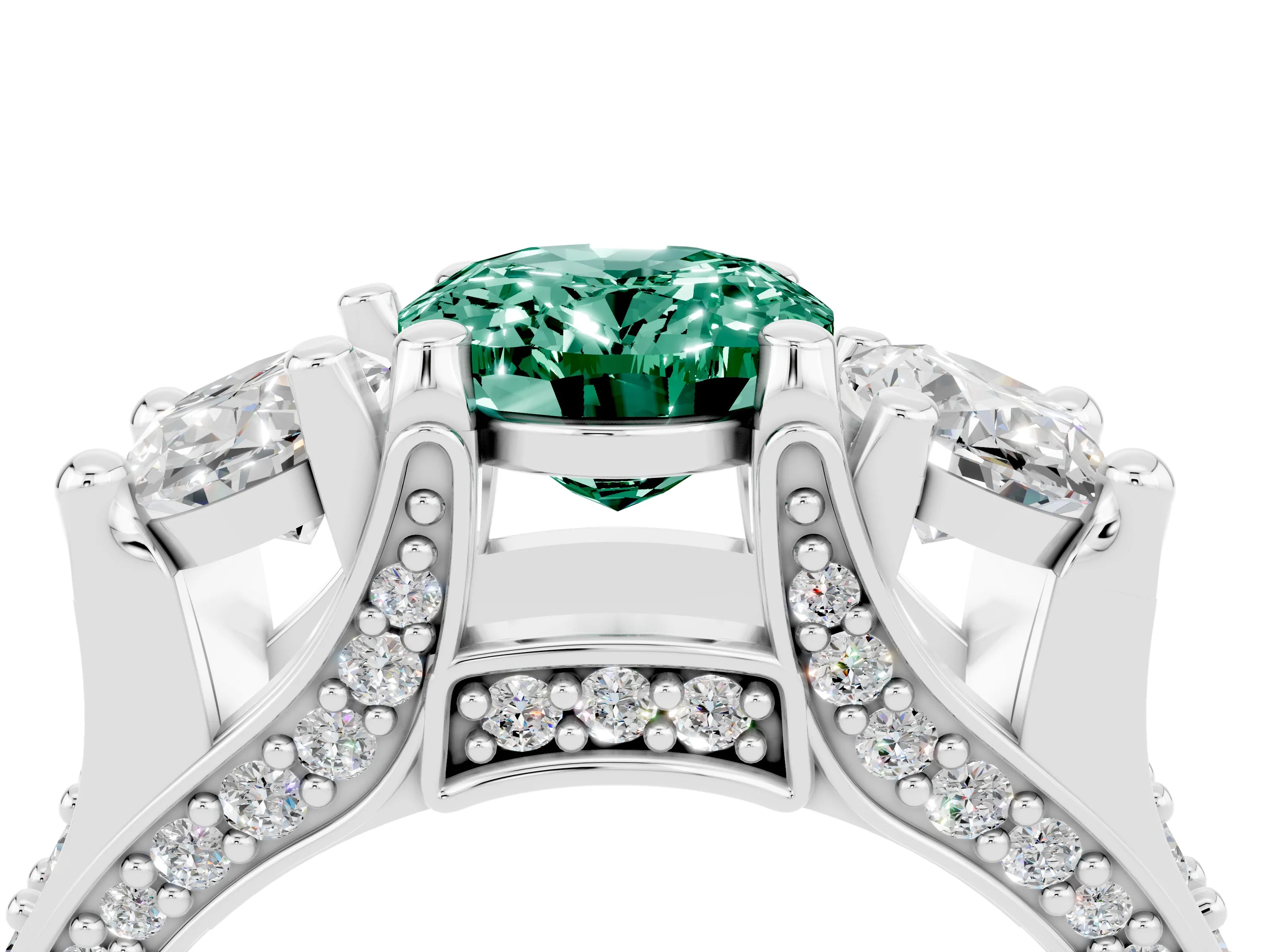 White gold Oval Cut Green Sapphire Three-Stone Ring with Channel Set Band and Four-Prong Setting_4