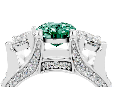 White gold Oval Cut Green Sapphire Three-Stone Ring with Channel Set Band and Four-Prong Setting_4