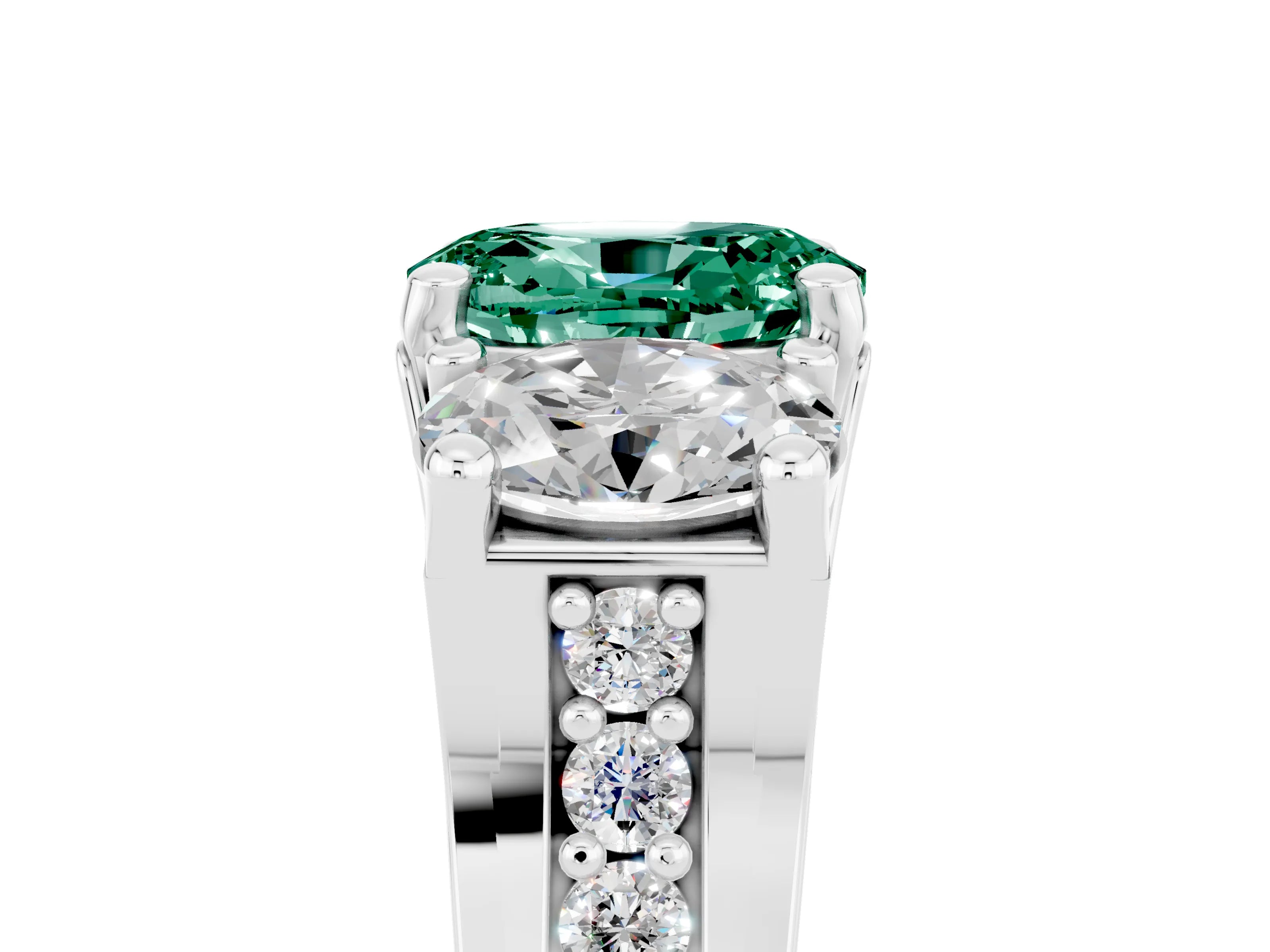 White gold Oval Cut Green Sapphire Three-Stone Ring with Channel Set Band and Four-Prong Setting_5