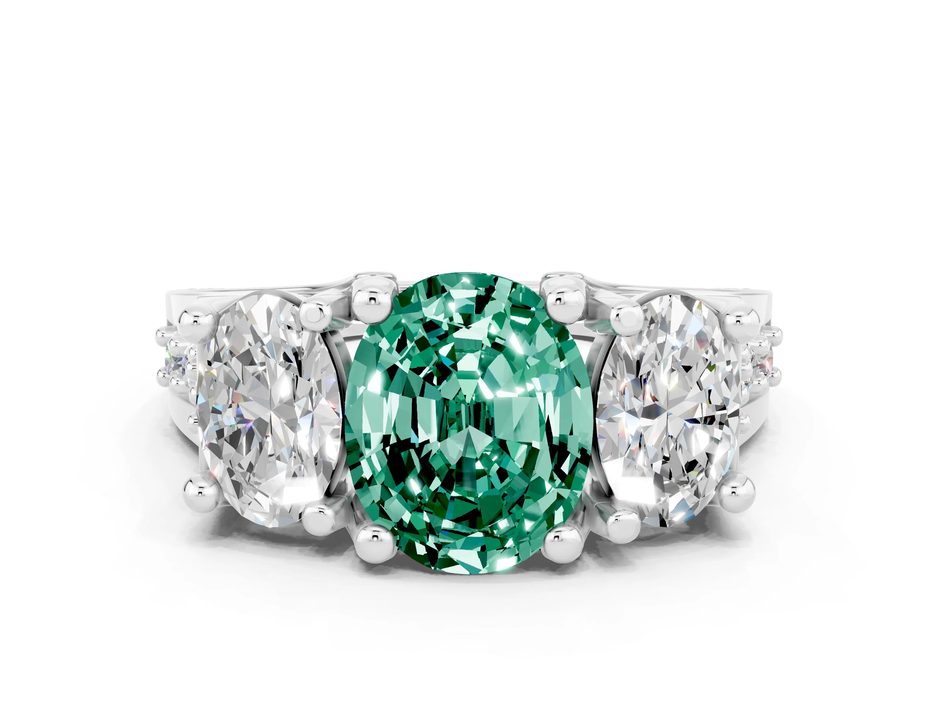 White gold Oval Cut Green Sapphire Three-Stone Ring with Channel Set Band and Four-Prong Setting