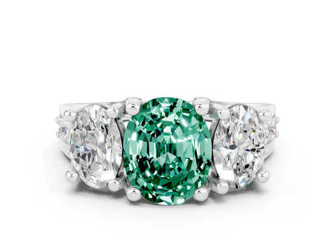 White gold Oval Cut Green Sapphire Three-Stone Ring with Channel Set Band and Four-Prong Setting