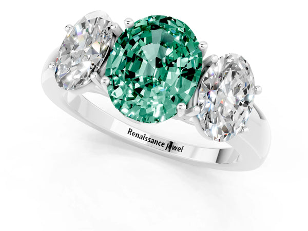White gold Oval Cut Green Sapphire Three-Stone Ring with Four-Prong Setting and Classic Band