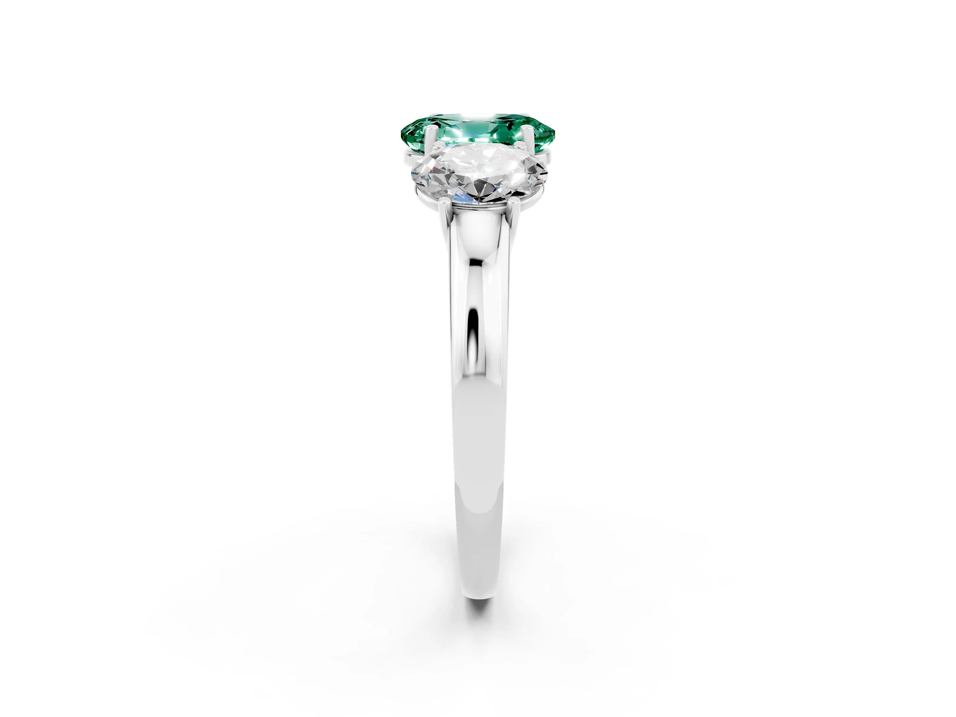 White gold Oval Cut Green Sapphire Three-Stone Ring with Four-Prong Setting and Classic Band_2