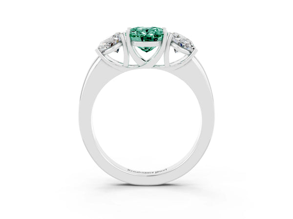 White gold Oval Cut Green Sapphire Three-Stone Ring with Four-Prong Setting and Classic Band
