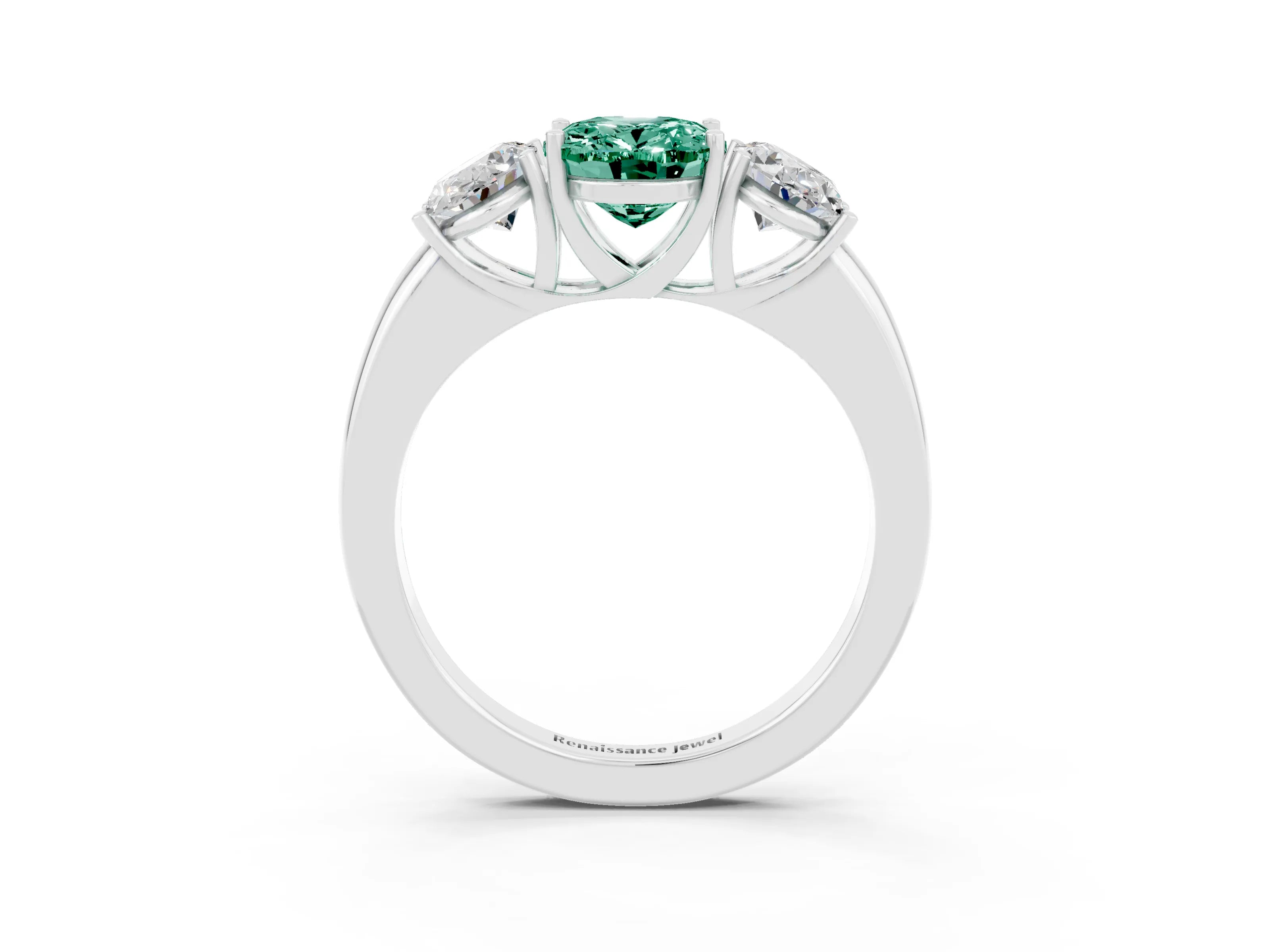 White gold Oval Cut Green Sapphire Three-Stone Ring with Four-Prong Setting and Classic Band_3