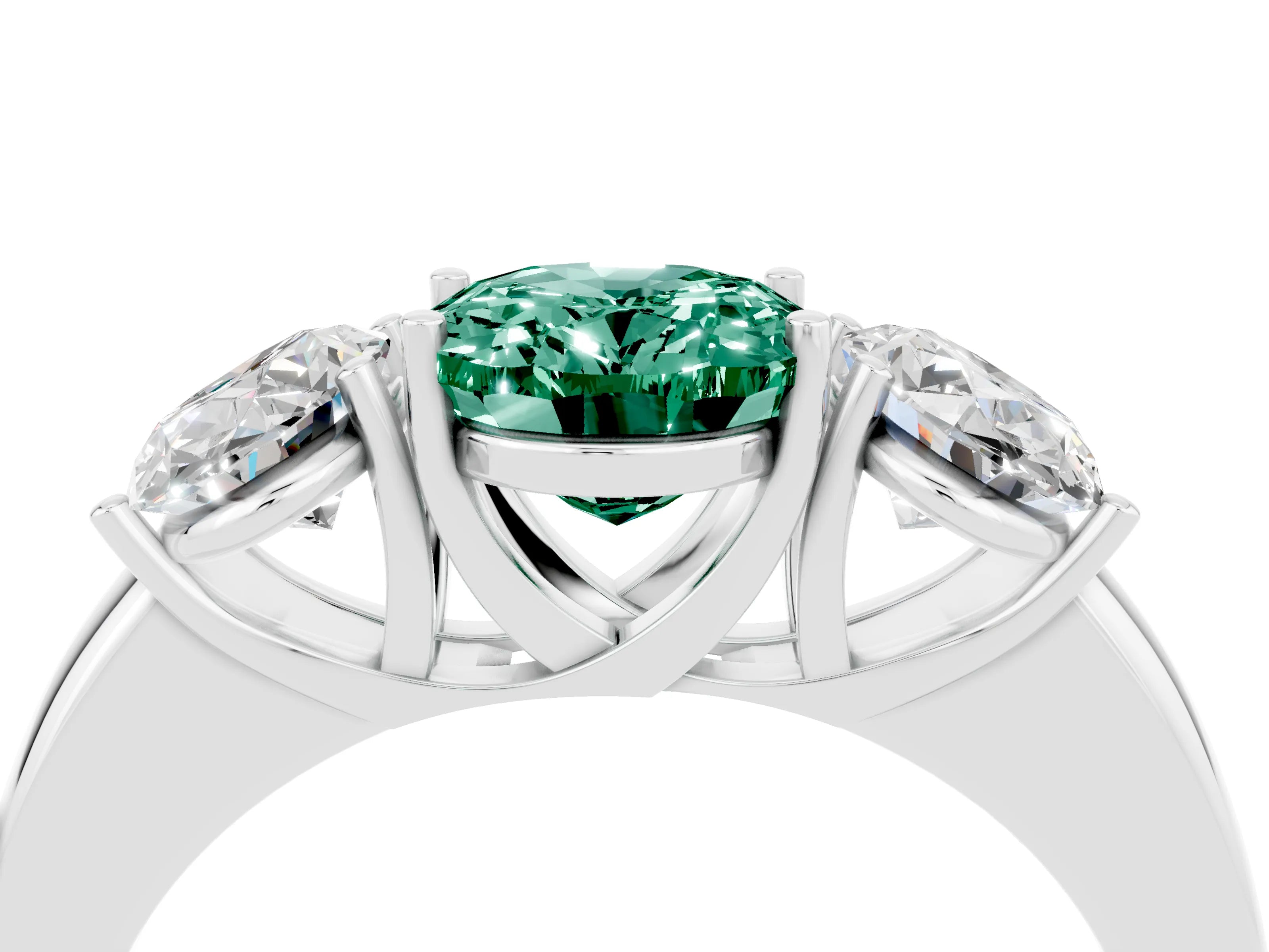 White gold Oval Cut Green Sapphire Three-Stone Ring with Four-Prong Setting and Classic Band_4