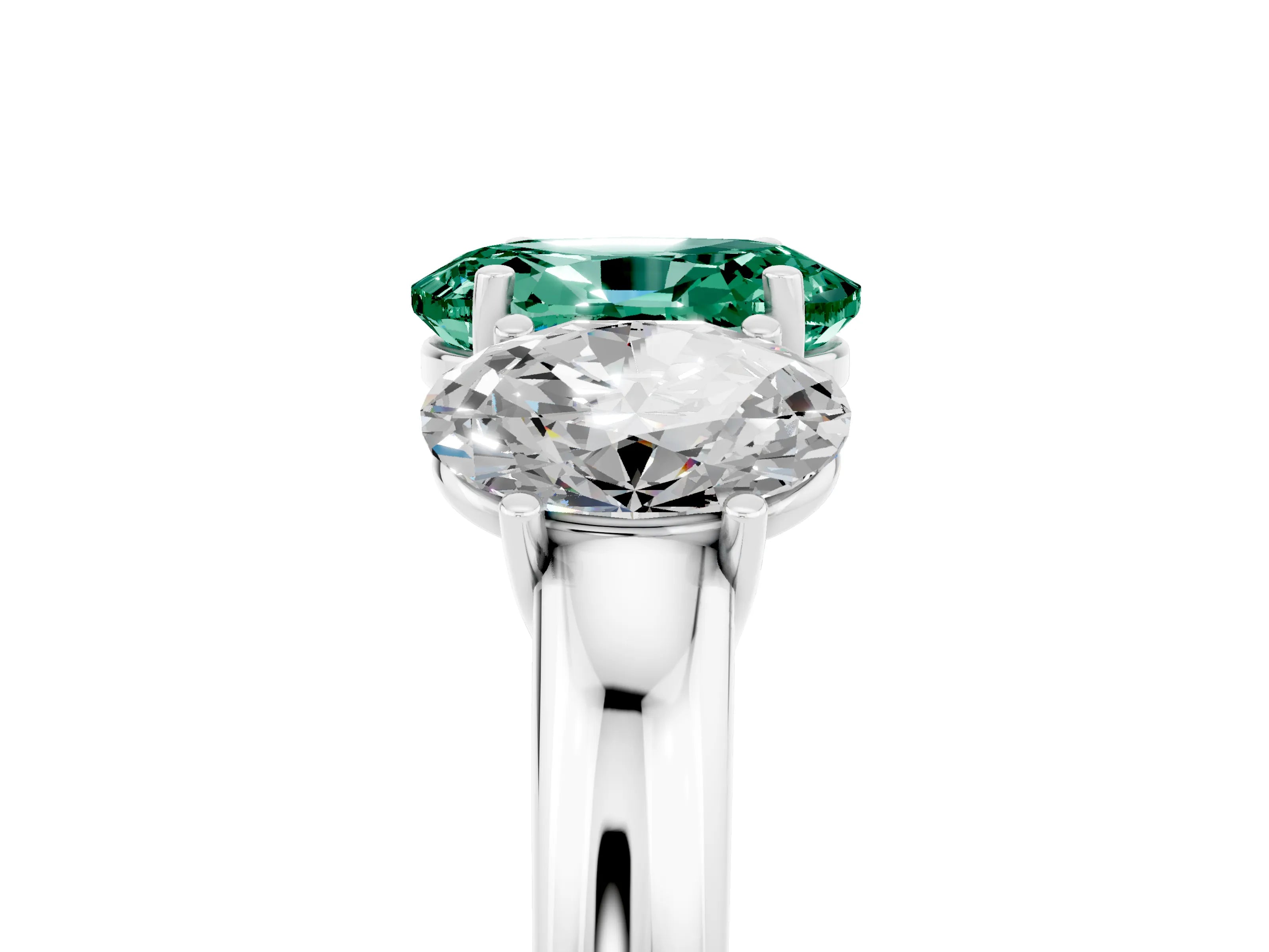 White gold Oval Cut Green Sapphire Three-Stone Ring with Four-Prong Setting and Classic Band_5