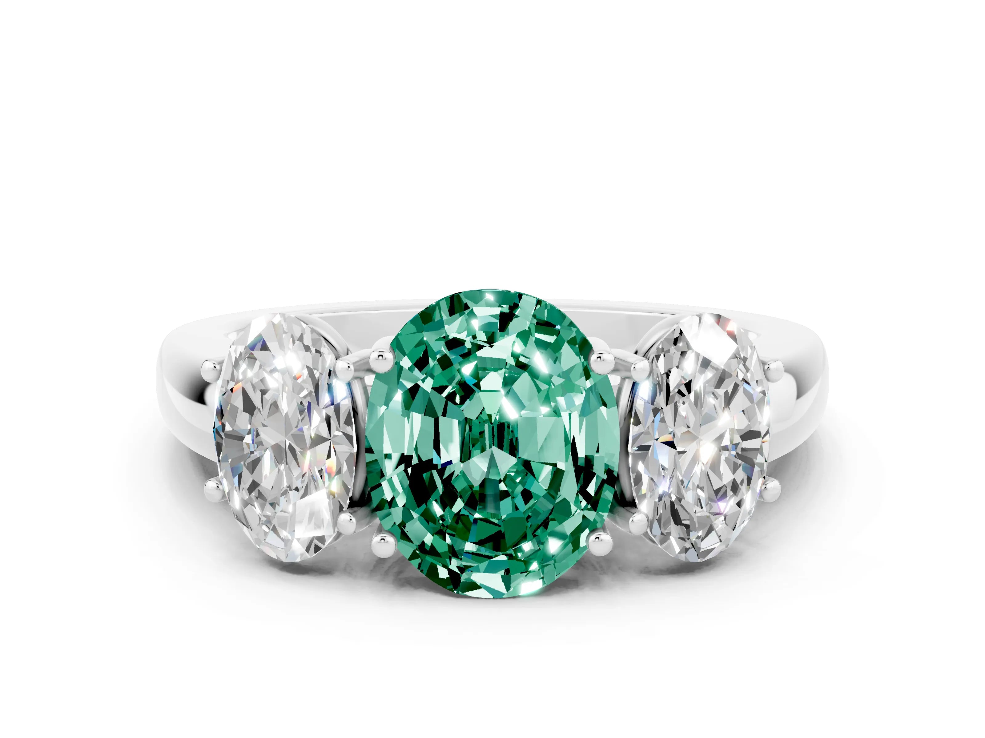 White gold Oval Cut Green Sapphire Three-Stone Ring with Four-Prong Setting and Classic Band