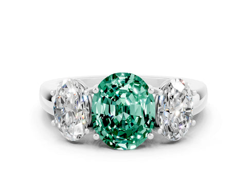 White gold Oval Cut Green Sapphire Three-Stone Ring with Four-Prong Setting and Classic Band