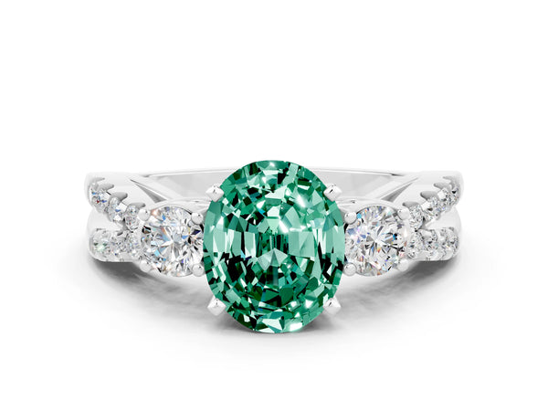 White gold Oval Cut Green Sapphire Three-Stone Ring with Pavé Split Shank and Four-Prong Setting