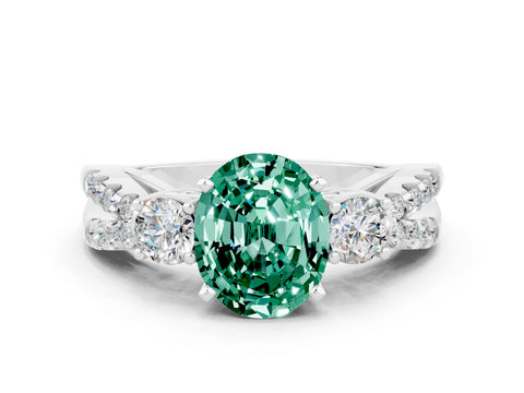 White gold Oval Cut Green Sapphire Three-Stone Ring with Pavé Split Shank and Four-Prong Setting_12