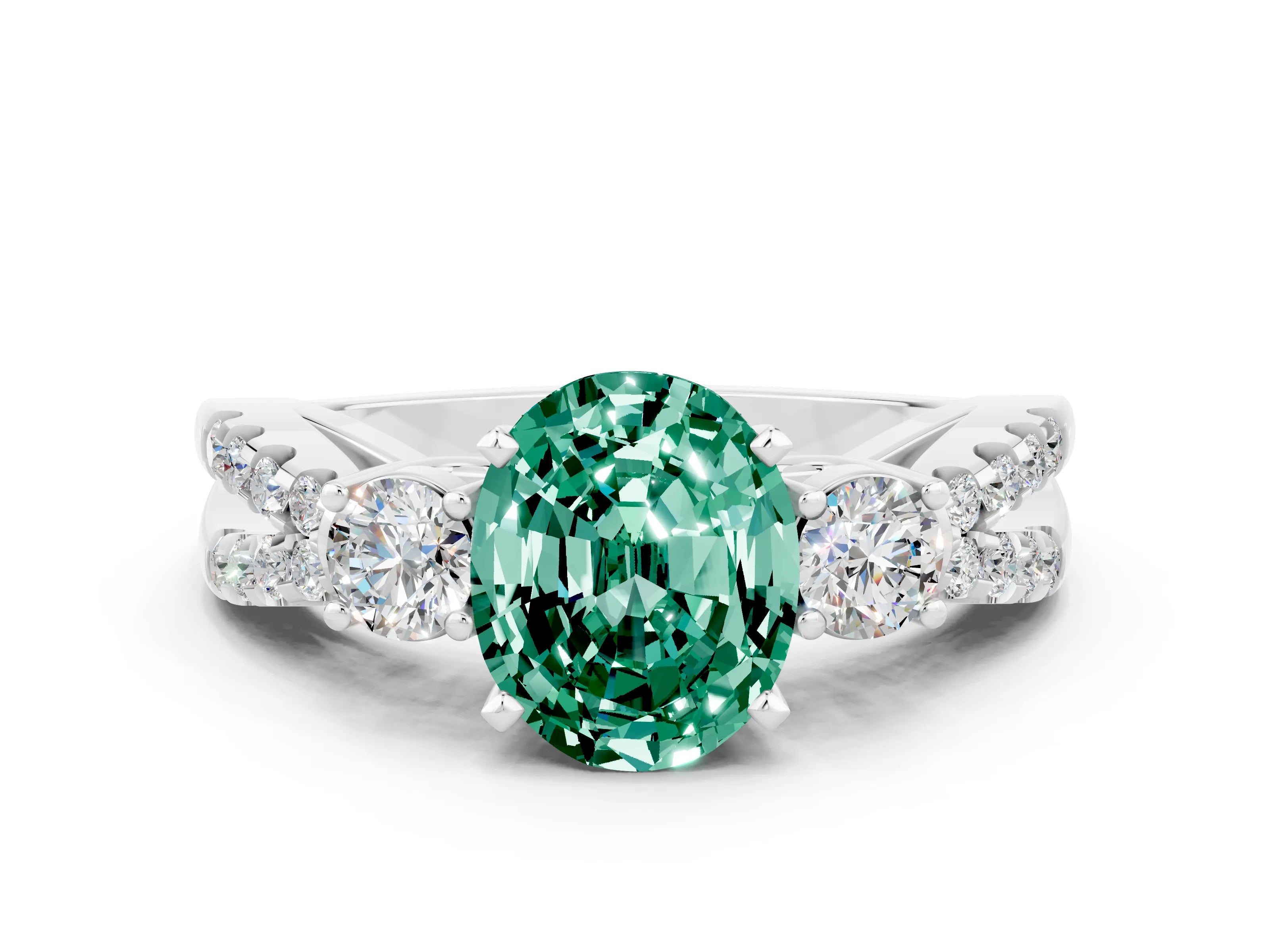 White gold Oval Cut Green Sapphire Three-Stone Ring with Pavé Split Shank and Four-Prong Setting_12