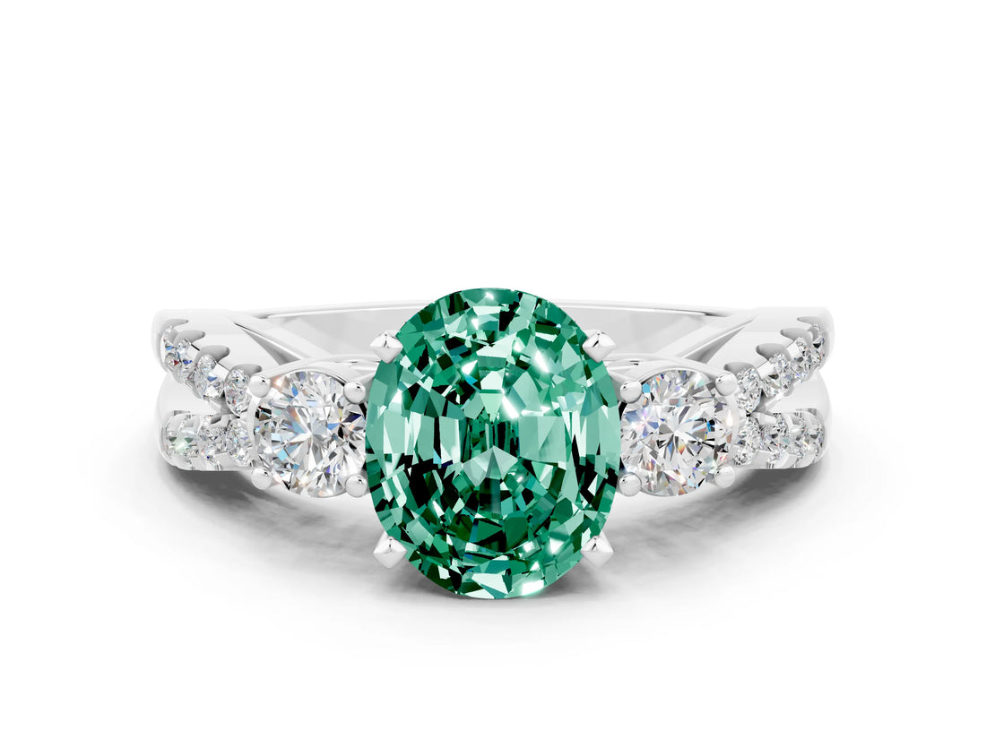 White gold Oval Cut Green Sapphire Three-Stone Ring with Pavé Split Shank and Four-Prong Setting_12