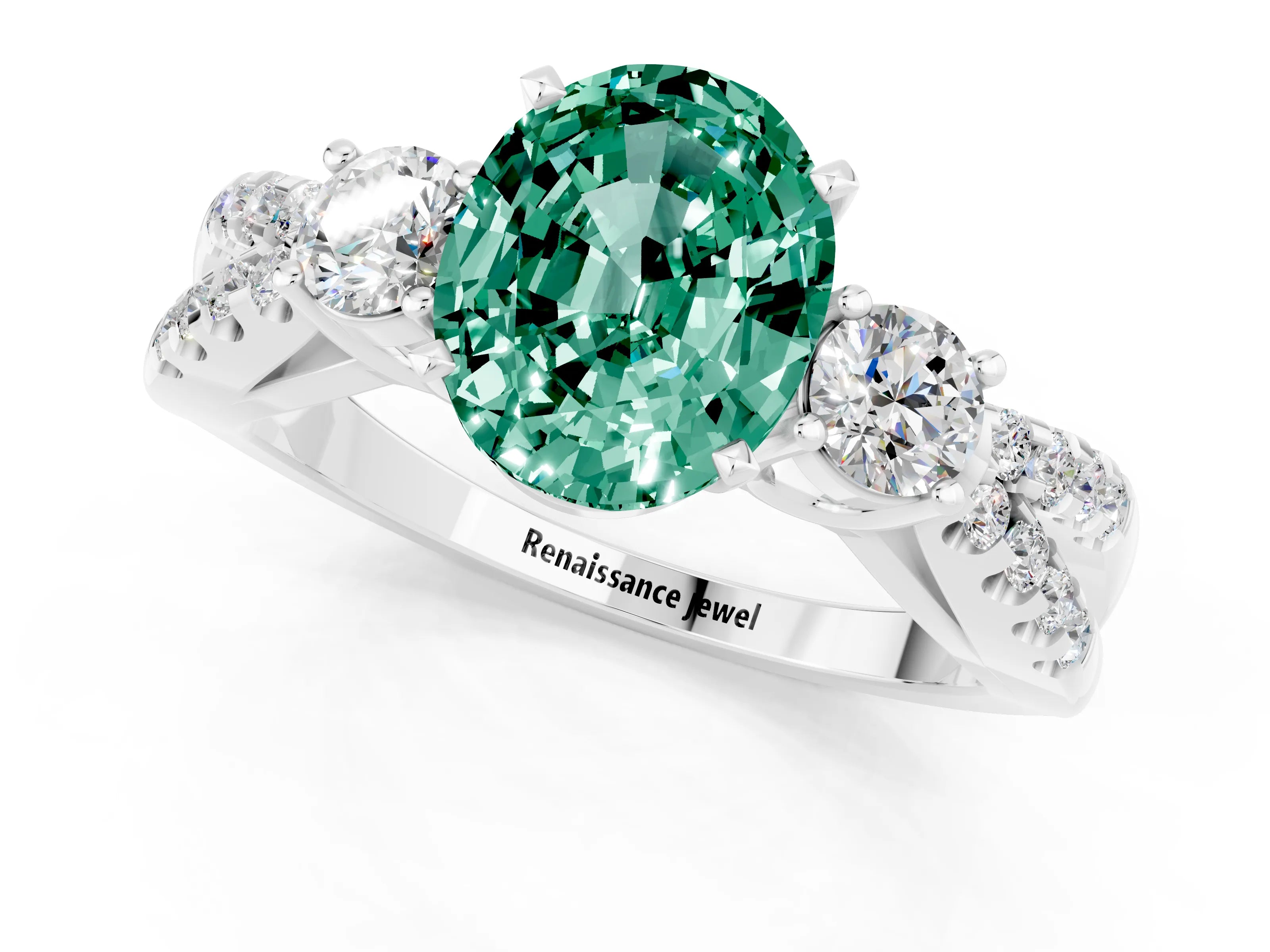 White gold Oval Cut Green Sapphire Three-Stone Ring with Pavé Split Shank and Four-Prong Setting_13